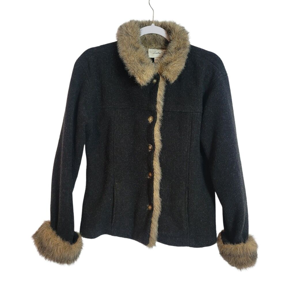 Tasha Polizzi Faux Fur Trim Fleece Jacket Women's Medium Charcoal Brown Mob Wife